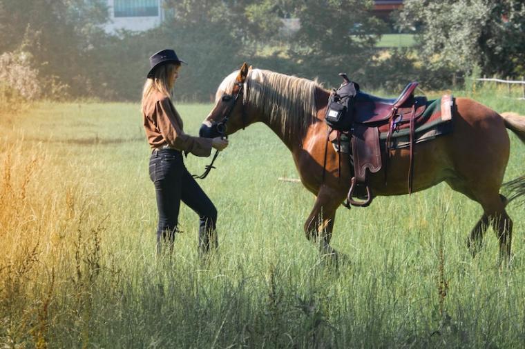 Cowgirl in field with horse